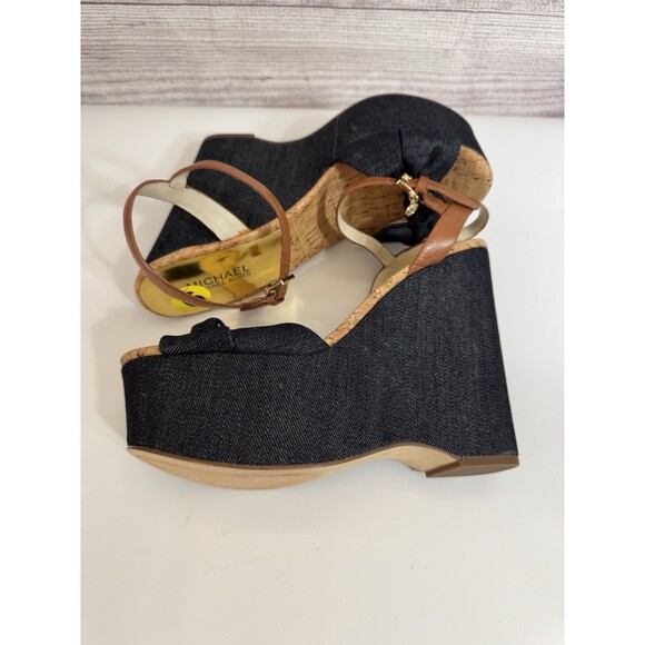 Michael Kors Denim Cork Wedge Sandals Size 9  Ankle Strap Espadrille Heels - Picture 10 of 13